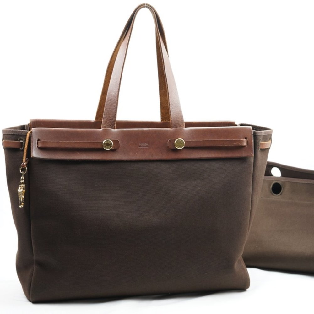 HERMES Toile Herbag Cabas GM Hand Bag Tote Her Bag - Brown Leather w/ OG Insert